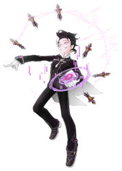 Rule 34 | 1boy, absurdres, add (elsword), alternate costume, alternate hair color, alternate hairstyle, bad id, bad pixiv id, black footwear, black hair, black necktie, black pants, butler, dagger, earrings, elsword, facial mark, formal, full body, gloves, grin, highres, jewelry, knife, male focus, monocle, necktie, one eye closed, pants, pointing, pointy ears, ponytail, purple eyes, quai (hbee), shoes, simple background, smile, solo, suit, tattoo, weapon, white background, white gloves