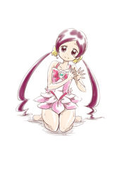 Rule 34 | 1girl, adapted costume, barefoot, bow, bowtie, brooch, closed mouth, collarbone, cosplay, cure blossom, cure blossom (cosplay), dress, floating hair, full body, hanasaki tsubomi, head tilt, heart, heart brooch, heartcatch precure!, jewelry, kneeling, layered dress, long hair, looking at viewer, nita (onakatohoppe), parted bangs, pink dress, precure, red bow, red bowtie, red eyes, red hair, short dress, simple background, sketch, sleeveless, sleeveless dress, smile, solo, very long hair, wet, white background