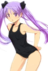 Rule 34 | 00s, 1girl, black one-piece swimsuit, collarbone, female focus, frown, gradient background, hair ribbon, hand on own hip, hiiragi kagami, hip focus, kage yuu, long hair, lucky star, one-piece swimsuit, purple eyes, purple hair, ribbon, school swimsuit, simple background, solo, swimsuit, tsurime, twintails, white background