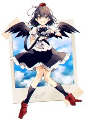 Rule 34 | 1girl, artist name, azuma aya, bird wings, black skirt, blouse, blue sky, bow, brown hair, camera, cloud, commentary request, geta, hat, holding, holding camera, knees together feet apart, legs apart, looking at viewer, open mouth, pointy ears, polaroid, puffy short sleeves, puffy sleeves, red eyes, round teeth, shameimaru aya, shirt, short hair, short sleeves, sketch, skirt, sky, smile, solo, strap, tape, teeth, tengu-geta, tokin hat, touhou, twitter username, white shirt, wings, wrist cuffs