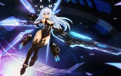 Rule 34 | 10s, 1girl, 300 heroes, bare shoulders, black heart (neptunia), blue eyes, breasts, cleavage, detached wings, elbow gloves, gloves, leotard, long hair, looking at viewer, neptune (series), noire (neptunia), smile, solo, sword, symbol-shaped pupils, thighhighs, very long hair, weapon, white hair, wings, zhuore zhi hen