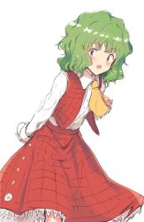 Rule 34 | 1girl, aged down, arms behind back, ascot, blush, closed umbrella, collared shirt, cowboy shot, flat chest, flower button, frilled ascot, frills, green hair, highres, holding, holding umbrella, kazami yuuka, long skirt, long sleeves, looking at viewer, medium hair, open clothes, open mouth, open vest, plaid, plaid skirt, plaid vest, red eyes, red skirt, red vest, ripu (lipi), shirt, simple background, sketch, skirt, skirt set, smile, solo, touhou, umbrella, vest, wavy hair, white background, white shirt, yellow ascot