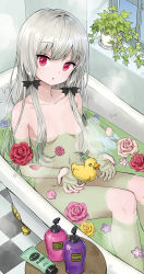 Rule 34 | 10s, 1girl, ama-tou, bath, bathtub, blush, bottle, breasts, checkered floor, collarbone, flower, from above, hair censor, head tilt, long hair, looking at viewer, navel, nude, official art, parted lips, petals, plant, potted plant, red eyes, rubber duck, silver hair, sitting, small breasts, solo, sophie twilight, steam, tonari no kyuuketsuki-san, water, window