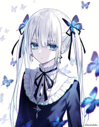 Rule 34 | 1girl, black ribbon, blue eyes, bug, butterfly, butterfly hair ornament, commentary request, cross, cross necklace, earrings, expressionless, eyes visible through hair, frills, hair between eyes, hair ornament, hair ribbon, insect, jewelry, kazunehaka, long hair, long sleeves, looking at viewer, neck ribbon, necklace, original, ribbon, silver hair, simple background, solo, twintails, twitter username, upper body, white background