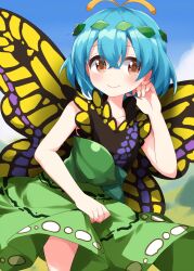 Rule 34 | 1girl, antennae, aqua hair, blush, brown eyes, butterfly wings, closed mouth, collarbone, dress, eternity larva, fairy, green dress, hair between eyes, highres, insect wings, leaf, leaf on head, multicolored clothes, multicolored dress, one-hour drawing challenge, ruu (tksymkw), short hair, short sleeves, smile, solo, touhou, wings