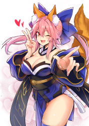 Rule 34 | 1girl, animal ear fluff, animal ears, bare shoulders, blue bow, blue kimono, blue thighhighs, blush, bow, breasts, cleavage, commentary request, detached collar, detached sleeves, fang, fate/extra, fate (series), fox ears, fox girl, fox tail, hair between eyes, hair bow, heart, highres, japanese clothes, kimono, koi dance, large breasts, long hair, looking at viewer, nail polish, obi, one eye closed, open mouth, pink hair, pink nails, sash, sidelocks, smile, solo, split ponytail, tail, tamamo (fate), tamamo no mae (fate/extra), teeth, thighhighs, thighs, tongue, v, white background, wide sleeves, wisespeak, yellow eyes