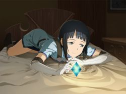 Rule 34 | 1girl, bare legs, bed, bed sheet, bedroom, black footwear, black hair, blue dress, blue eyes, blunt bangs, closed mouth, dress, elbow gloves, female focus, game cg, gloves, half-closed eyes, indoors, lying, mole, mole under eye, on bed, on stomach, sachi (sao), short dress, short hair, short sleeves, solo, sword art online, sword art online: alicization, sword art online: alicization rising steel, sword art online: unleashed blading, white gloves
