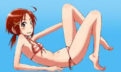 Rule 34 | 10s, 1girl, ahoge, barefoot, bikini, blue background, flat chest, front-tie top, hino akane (smile precure!), long hair, lying, naotan, navel, on back, ponytail, precure, red eyes, red hair, short hair, side-tie bikini bottom, smile precure!, solo, striped bikini, striped clothes, swimsuit