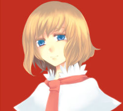 Rule 34 | 1girl, alice margatroid, blonde hair, blue eyes, bow, bowtie, brown hair, capelet, expressionless, female focus, head tilt, necktie, red background, red necktie, short hair, simple background, smile, solo, tateyama, touhou