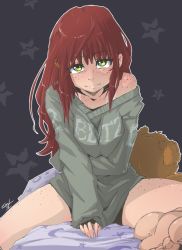 Rule 34 | 1girl, barefoot, bed, bottomless, fang, feet, freckles, green eyes, hair ornament, hushabye, long hair, long sleeves, messy hair, original, red hair, sitting, smile, solo, spread legs, stuffed animal, stuffed toy, sweater, tan, tanline, teddy bear
