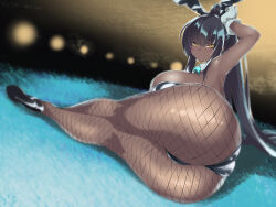 Rule 34 | 1girl, absurdres, animal ears, arm up, armpits, ass, ass focus, black leotard, blue archive, blush, bow, bowtie, breasts, dark-skinned female, dark skin, detached collar, fake animal ears, fishnet pantyhose, fishnets, fukuinu, gloves, high heels, highres, huge ass, huge breasts, karin (blue archive), karin (bunny) (blue archive), legs, leotard, long hair, lying, on side, pantyhose, playboy bunny, rabbit ears, sideboob, solo, very long hair, white gloves, wide hips, yellow eyes