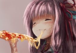 Rule 34 | 1girl, aoyagi (pixiv32922780), blush, cheese, eating, closed eyes, female focus, food, happy, highres, kotonoha akane, long hair, pizza, smile, solo, voiceroid