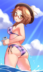 Rule 34 | 1girl, ass, bare shoulders, bikini, black hat, blush, breasts, brown eyes, brown hair, butt crack, cellphone, cougar (cougar1404), from behind, from below, glasses, hat, long hair, looking at viewer, open mouth, phone, red-framed eyewear, shiny clothes, shiny skin, sideboob, solo, swimsuit, touhou, under-rim glasses, usami sumireko, water, wedgie