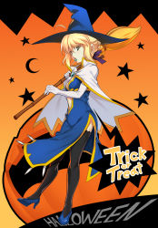 Rule 34 | 1girl, adapted costume, ahoge, alternate costume, artoria pendragon (all), artoria pendragon (fate), azu, black thighhighs, blonde hair, broom, candy, cleavage cutout, clothing cutout, costume, crescent, elbow gloves, english text, fate/stay night, fate (series), food, gloves, green eyes, halloween, hat, high heels, highres, licking, lollipop, saber (fate), solo, star (symbol), thighhighs, tongue, trick or treat, witch, witch hat