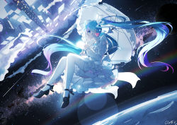 Rule 34 | 1girl, backlighting, bare shoulders, black footwear, blue eyes, blue hair, blue nails, city, cloud, commentary request, detached sleeves, dress, earrings, finger to mouth, frilled dress, frilled sleeves, frills, full body, glowing, hair between eyes, hair ribbon, hatsune miku, holding, holding umbrella, index finger raised, jewelry, lens flare, long hair, long sleeves, looking at viewer, looking to the side, milky way, moon, nail polish, neck ribbon, night, night sky, outdoors, parted lips, qys3, rainbow, ribbon, saturn (planet), shoes, shooting star, shushing, sidelocks, sideways glance, signature, sky, smile, solo, star (sky), thighhighs, twintails, umbrella, very long hair, vocaloid, white dress, white ribbon, white thighhighs