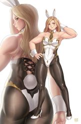 Rule 34 | 1girl, alternate costume, animal ears, ass, bare shoulders, blonde hair, breasts, brown eyes, fake animal ears, finalcake, from behind, high heels, highres, kisara (tales), leotard, long hair, looking at viewer, looking back, pantyhose, playboy bunny, rabbit ears, rabbit tail, shiny clothes, shiny skin, sideboob, solo, tail, tales of (series), tales of arise, thick thighs, thighs