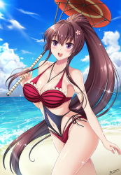 Rule 34 | 10s, 1girl, :d, arm at side, armband, artist name, beach, between breasts, bikini, blue sky, blush, bow, breasts, brown hair, cherry blossoms, clothing cutout, cloud, collarbone, cowboy shot, day, eyebrows, flower, frilled bikini, frills, hair between eyes, hair flower, hair intakes, hair ornament, high ponytail, highres, holding, holding umbrella, japanese clothes, kantai collection, kantai collection (anime), kimono, large breasts, lens flare, long hair, navel, navel cutout, ocean, oil-paper umbrella, open mouth, outdoors, ponytail, purple eyes, red bikini, red bow, side-tie swimsuit, signature, sky, smile, solo, sparkle, striped bikini, striped clothes, summer, sunlight, swimsuit, the-sinner, umbrella, very long hair, walking, yamato (kancolle)