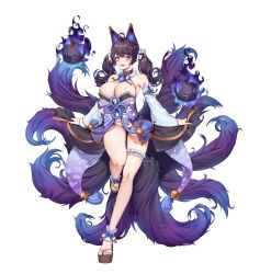 Rule 34 | 1girl, absurdres, ahegao, animal ear fluff, animal ears, bad id, bad pixiv id, bare shoulders, bell, black hair, black panties, blue eyes, blush, breasts, bridal garter, choker, cleavage, collar, curly hair, detached collar, detached sleeves, fangs, fox ears, fox girl, fox tail, frilled collar, frills, full body, furisode, geta, highres, houchi shoujo, huge filesize, japanese clothes, kimono, large breasts, leg up, long hair, looking at viewer, low twintails, lowleg, lowleg panties, multiple tails, obi, open mouth, panties, rope, sash, scrunchie, sharp teeth, short kimono, simple background, smile, solo, standing, standing on one leg, star-shaped pupils, star (symbol), string panties, symbol-shaped pupils, tacco (tikeworld), tail, teeth, thighs, toes, twintails, underwear, white background, wide sleeves