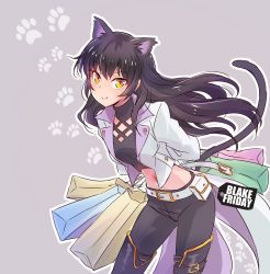 Rule 34 | 1girl, alternate costume, animal ears, bag, black friday, black hair, black shirt, blake belladonna, blouse, cat ears, cat tail, character name, check commentary, commentary request, cowboy shot, iesupa, navel, outline, paw print, paw print background, pun, rwby, shirt, shopping, shopping bag, smile, standing, tail, thighhighs, white outline, yellow eyes