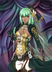 Rule 34 | 1girl, adapted costume, bob cut, breasts, chain, cleavage, dress, elbow gloves, emerald sustrai, gloves, green hair, hat, holding, holding weapon, jewelry, kairiwhisper, necklace, red eyes, rwby, smile, solo, weapon