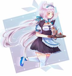 Rule 34 | 10s, 1girl, ^ ^, animal ears, apron, bell, blue bow, blue footwear, blue ribbon, blush, bow, bowtie, cake, cat ears, closed eyes, commentary, cookie, drinking straw, closed eyes, food, frilled apron, frills, glass, hair ribbon, jingle bell, long hair, low twintails, maid, maid headdress, nekopara, pastry, puffy short sleeves, puffy sleeves, ribbon, ribbon-trimmed clothes, ribbon trim, shoes, short sleeves, silver hair, solo, suulore, thighhighs, tray, twintails, vanilla (nekopara), very long hair, waist apron, white thighhighs