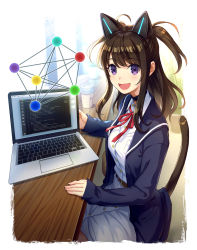 Rule 34 | 1girl, :d, animal ears, belt, belt buckle, blue jacket, blush, brown belt, brown hair, buckle, cat ears, cat girl, cat tail, coffee cup, commentary request, computer, copyright request, cup, day, disposable cup, dress, fake animal ears, fingernails, highres, indoors, jacket, laptop, long hair, long sleeves, open clothes, open jacket, open mouth, purple eyes, shouhei, sitting, sleeves past wrists, smile, solo, sunlight, tail, tail raised, two side up, white dress, window
