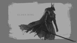 Rule 34 | 1girl, armor, artist name, cape, commentary, copyright name, cropped legs, dark souls (series), elden ring, from side, from software, gender request, gloves, grey background, greyscale, helmet, highres, holding, holding sword, holding weapon, long hair, malenia blade of miquella, messy hair, monochrome, shoulder armor, sketch, sword, tripdancer, two-tone background, weapon, winged helmet