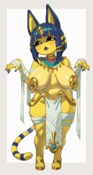 Rule 34 | 1girl, absurdres, animal crossing, ankha (animal crossing), bandages, blue hair, blue lips, blunt bangs, blush stickers, breasts, cat girl, egyptian clothes, full body, furry, furry female, gold, hair ornament, highres, jewelry, large breasts, lipstick, makeup, navel, nintendo, pasties, pelvic curtain, riz, sandals, shortstack, sidelocks, skindentation, snake hair ornament, solo, standing, tail, white background, yellow fur