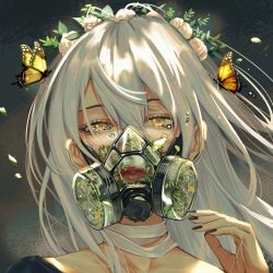 Rule 34 | 1girl, black nails, bug, butterfly, butterfly on hand, flower wreath, hair between eyes, hand up, head wreath, highres, insect, long hair, nail polish, original, parted lips, portrait, red lips, respirator, solo, tearing up, toto (caaaaarrot), white hair, wind, yellow eyes