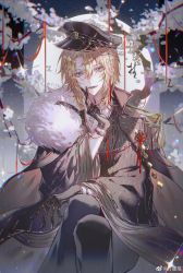 Rule 34 | 1boy, absurdres, bishounen, black gloves, blonde hair, cherry blossoms, chinese knot, chromatic aberration, crossed legs, diffraction spikes, facial mark, flower, fur, gloves, hair between eyes, hat, highres, jewelry, long sleeves, looking at viewer, luca kaneshiro, male focus, nijisanji, nijisanji en, open mouth, pink flower, purple eyes, shirt, short hair, sidelocks, smile, solo, sparkle, string, string of fate, virtual youtuber, zhu mo jian