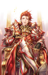 Rule 34 | 10s, 1boy, 2016, armor, armored boots, blurry, boots, crown, unworn crown, dated, depth of field, doro (sabarudoro), gloves, glowing, granblue fantasy, hair slicked back, crossed legs, looking at viewer, male focus, palms, pants, pauldrons, percival (granblue fantasy), red eyes, red hair, red theme, shoulder armor, signature, sitting, solo, throne, vambraces