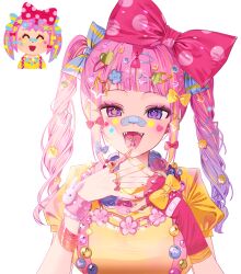 1girl ^_^ a20_(atsumaru) absurdres arm_warmers bandaid bandaid_on_face bandaid_on_nose blue_bow bow bracelet breasts buttons cherry closed_eyes commentary decora facial_tattoo fake_nails food fruit hair_ornament hairclip highres irasutoya irasutoya_challenge jewelry looking_at_viewer medium_breasts multiple_bracelets multiple_rings original pink_hair polka_dot polka_dot_bow purple_eyes red_arm_warmers red_bow reference_inset ring sharp_teeth shirt short_sleeves simple_background single_arm_warmer solo sticker_on_face striped_bow suspenders tattoo teeth tongue tongue_out too_many_hair_ornaments twintails white_background yellow_bow yellow_shirt