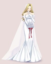 Rule 34 | 1girl, banana (8771207), blonde hair, blue eyes, bouquet, bridal veil, choker, commentary request, dress, elbow gloves, flower, full body, gloves, half-closed eyes, hand on own chest, hand up, highres, holding, holding bouquet, long hair, looking down, methode (sousou no frieren), sepia background, simple background, solo, sousou no frieren, standing, veil, wedding dress, white choker, white dress, white gloves, white veil