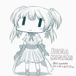 Rule 34 | 1girl, character name, chibi, earrings, elbow gloves, gloves, greyscale, jewelry, kyousuke (orcein), magia record: mahou shoujo madoka magica gaiden, mahou shoujo madoka magica, minami rena, monochrome, ribbon, short twintails, solo, twintails, twitter username, wide face, | |, || ||