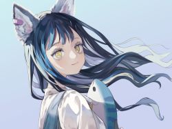 Rule 34 | animal ear fluff, animal ears, black hair, blue background, bright pupils, collared shirt, eyebrows hidden by hair, eyelashes, floating hair, from side, gradient background, hair between eyes, highres, holding, indie virtual youtuber, long hair, looking to the side, ocean (vtuber), purple background, shirt, smile, stuffed animal, stuffed shark, stuffed toy, tokiwata soul, upper body, virtual youtuber, white pupils, white shirt, yellow eyes