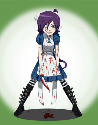 Rule 34 | 1girl, alice: madness returns, alice (alice in wonderland), alice (alice in wonderland) (cosplay), alice in wonderland, alice liddell (american mcgee&#039;s alice), american mcgee&#039;s alice, american mcgee's alice, apron, blood, boots, breasts, cosplay, dress, highres, horseshoe, knife, looking at viewer, purple hair, solo, striped legwear, zone-tan