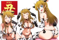 Rule 34 | 3girls, animal costume, animal ears, animal print, ball, bare shoulders, bell, bikini, blue eyes, braid, breasts, brown hair, chinese zodiac, closed eyes, collarbone, cow costume, cow ears, cow girl, cow horns, cow print, cow print bikini, cow tail, cowbell, elbow gloves, exercise ball, fake horns, gloves, highres, horns, idolmaster, idolmaster million live!, kousaka umi, large breasts, long hair, looking at viewer, miyao miya, multiple girls, navel, neck bell, one eye closed, open mouth, print bikini, purple eyes, run p (aveton), swimsuit, tail, thick eyebrows, thighhighs, tokoro megumi, v, white background, year of the ox