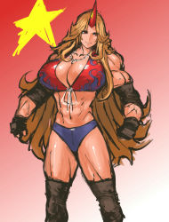 Rule 34 | 1girl, abs, between breasts, blonde hair, breasts, cleavage, elbow pads, fingerless gloves, flame print, gloves, highres, horns, hoshiguma yuugi, huge breasts, jewelry, long hair, muscular, muscular female, nameo (judgemasterkou), navel, necklace, red eyes, short shorts, shorts, single horn, smile, solo, thighhighs, touhou, very long hair, wrestling outfit