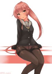 Rule 34 | 1girl, absurdres, blunt bangs, blush, commentary request, crotch seam, hair flaps, head tilt, highres, kantai collection, legs, long hair, looking at viewer, no pants, panties, panties under pantyhose, pantyhose, parted lips, pink hair, ponytail, school uniform, sidelocks, simple background, sitting, sleeves past wrists, solo, thighband pantyhose, thighs, twitter username, underwear, uut, very long hair, white background, yellow eyes, yura (kancolle)