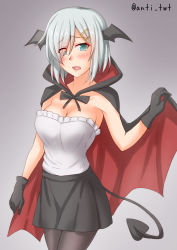 Rule 34 | 1girl, alternate costume, anti (untea9), bat wings, black background, black cape, black gloves, black pantyhose, black skirt, blue eyes, blush, breasts, cape, cleavage, demon girl, demon tail, eyes visible through hair, gloves, gradient background, hair ornament, hair over one eye, hairclip, hamakaze (kancolle), head wings, highres, kantai collection, large breasts, looking at viewer, open mouth, pantyhose, red cape, short hair, silver hair, skirt, solo, strapless, tail, tube top, twitter username, two-tone cape, wings