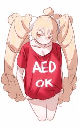 Rule 34 | 1girl, ahoge, blonde hair, blush, breasts, cleavage, closed mouth, clothes writing, cropped legs, hair between eyes, highres, long hair, mofu mofuko (ryusei hashida), naked shirt, orange eyes, original, red shirt, ryusei hashida, shirt, short sleeves, signature, simple background, solo, standing, twintails, very long hair, white background