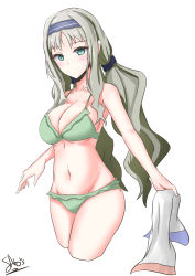 Rule 34 | 1girl, absurdres, arms at sides, bikini, bikini skirt, blush, breasts, cleavage, cowboy shot, cropped legs, darling in the franxx, frilled bikini, frills, from side, green bikini, green hair, groin, highres, kokoro (darling in the franxx), large breasts, long hair, navel, parted bangs, sato art, simple background, smile, solo, standing, swimsuit, thighs, towel, underboob, very long hair, wavy hair, white background