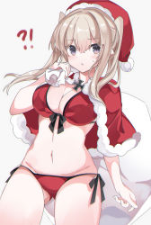 Rule 34 | !?, 1girl, absurdres, bikini, blonde hair, blush, breasts, capelet, christmas, cleavage, cowboy shot, fathom, graf zeppelin (kancolle), groin, hair between eyes, hat, highres, holding, holding sack, kantai collection, large breasts, long hair, navel, open mouth, pom pom (clothes), purple eyes, red capelet, sack, santa bikini, santa costume, santa hat, sidelocks, solo, swimsuit, twintails