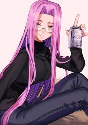 Rule 34 | 1girl, alcohol, asakou (n morninglight), beer, beer can, black pants, black sweater, breasts, can, closed mouth, commentary request, drink can, fate/stay night, fate (series), forehead, glasses, grey eyes, holding, holding can, long hair, long sleeves, looking at viewer, medium breasts, medusa (fate), medusa (rider) (fate), pants, pink hair, sitting, smile, solo, sweater, turtleneck, turtleneck sweater, twitter username, very long hair
