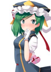 Rule 34 | 1girl, asymmetrical hair, blue eyes, blush, box, candy, chocolate, chocolate heart, covering own mouth, crown, eyebrows, food, gloves, green hair, hat, heart, heart-shaped box, highres, holding, holding behind back, mono (mono60), ribbon, shiki eiki, shy, solo, touhou, transparent background, valentine, white gloves