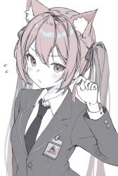 Rule 34 | 1girl, animal ear fluff, animal ears, blazer, blue archive, blush, buttoned cuffs, buttons, cat ears, collared shirt, extra ears, flying sweatdrops, hair between eyes, hair ribbon, highres, id card, jacket, long hair, long sleeves, monochrome, necktie, open mouth, ribbon, serika (blue archive), shirt, simple background, solo, soybean (hisoybean), twintails, upper body, white background