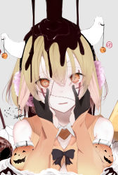 Rule 34 | + +, 1girl, absurdres, bad id, bad pixiv id, bare shoulders, black gloves, blonde hair, blush, chocolate, chunithm, commentary request, detached sleeves, earmuffs, fang, gloves, grey background, hair between eyes, hands on own cheeks, hands on own face, hands up, head tilt, highres, horns, jack-o&#039;-lantern print, kisaragi yaya, long sleeves, looking at viewer, orange eyes, parted lips, patchwork skin, pouring, saliva, saliva trail, short hair, simple background, skin fang, sky feather, solo, stitches, upper body