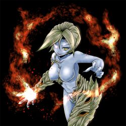 Rule 34 | 1girl, alexia ashford, black background, blue skin, breasts, colored skin, covered erect nipples, female focus, fire, glowing, looking at viewer, monster girl, resident evil, resident evil - code: veronica, solo, standing, yellow eyes