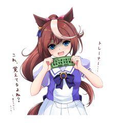 Rule 34 | 1girl, :d, animal ears, black bow, blouse, blue eyes, blue shirt, bow, brown hair, c-rabbit, fang, hair between eyes, hair ribbon, hands up, highres, holding, horse ears, horse girl, horse tail, long hair, looking at viewer, multicolored hair, open mouth, pink ribbon, pleated skirt, ponytail, puffy short sleeves, puffy sleeves, purple shirt, ribbon, school uniform, shaded face, shirt, short sleeves, simple background, skirt, smile, solo, sparkle, streaked hair, tail, tokai teio (umamusume), tracen school uniform, translation request, umamusume, v-shaped eyebrows, very long hair, white background, white hair, white skirt