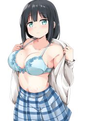 Rule 34 | 1girl, absurdres, bare shoulders, black hair, blue bra, blue skirt, blush, bra, breasts, cleavage, closed mouth, collarbone, commentary request, green eyes, highres, kanosawa, large breasts, lingerie, long hair, long sleeves, looking at viewer, navel, open clothes, open shirt, simple background, skirt, solo, standing, tougou mimori, underwear, white background, yuuki yuuna wa yuusha de aru, yuusha de aru